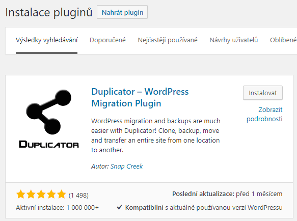 Instalace pluginu Duplicator